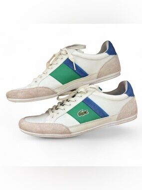 Lacoste Men's White Sneakers with Green Panel & Blue Stripe
